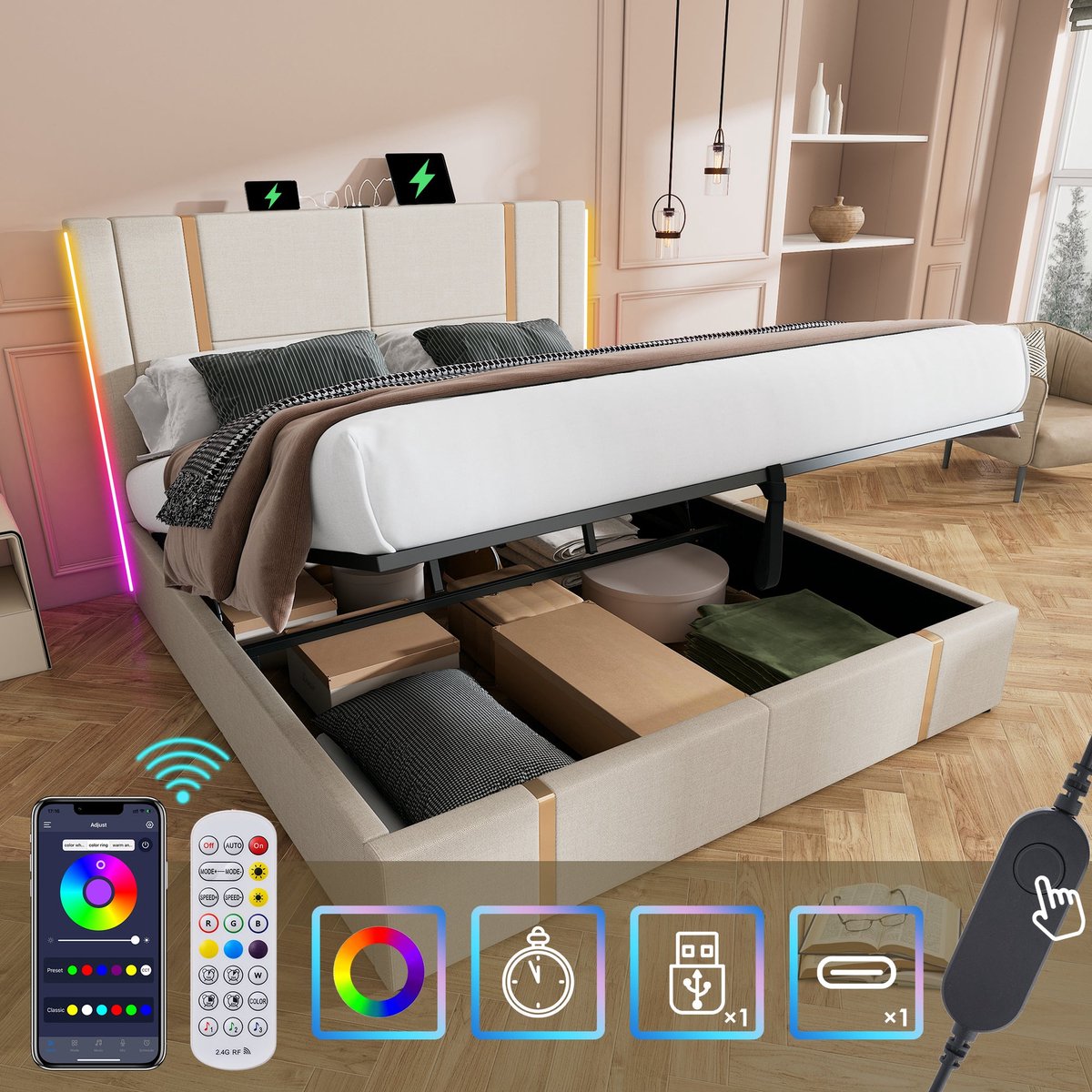 Merax Tweepersoonsbed 140x200 cm met USB-C & App-Control LED Verlichting – Bed met Hydraulisch Opbergruimte – Beige Linnen