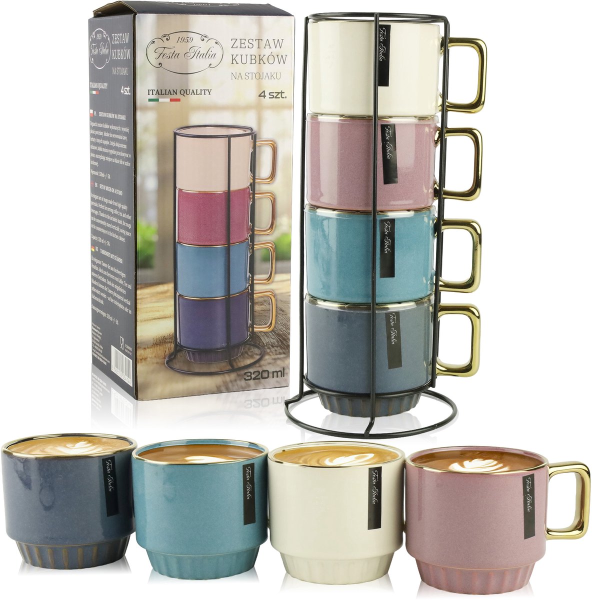 Keramische Mokken Set 320ml (4 stuks) met Metalen Standaard