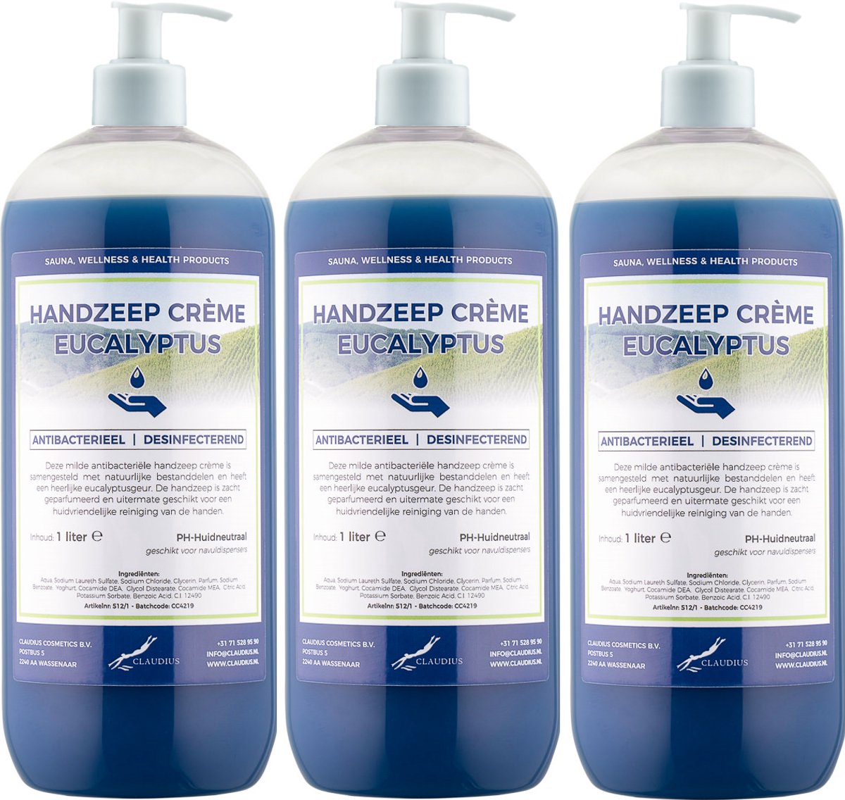 Handzeep Crème Eucalyptus 1 liter - set van 3 stuks - met gratis pomp - Voordeelverpakking