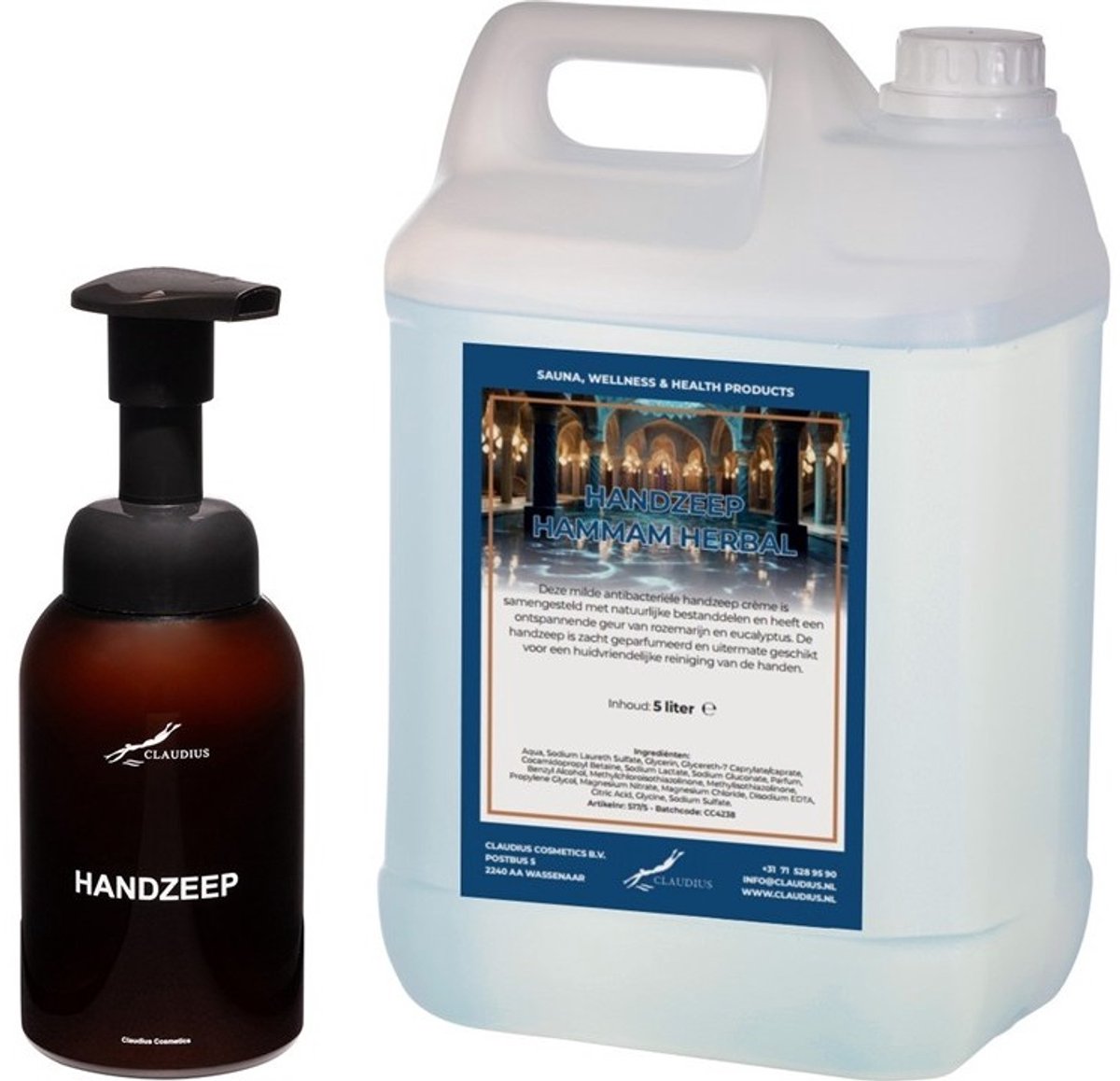 Zeepdispenser 300 ml amber bruin hervulbaar + 5 liter Handzeep Hammam Herbal navulling