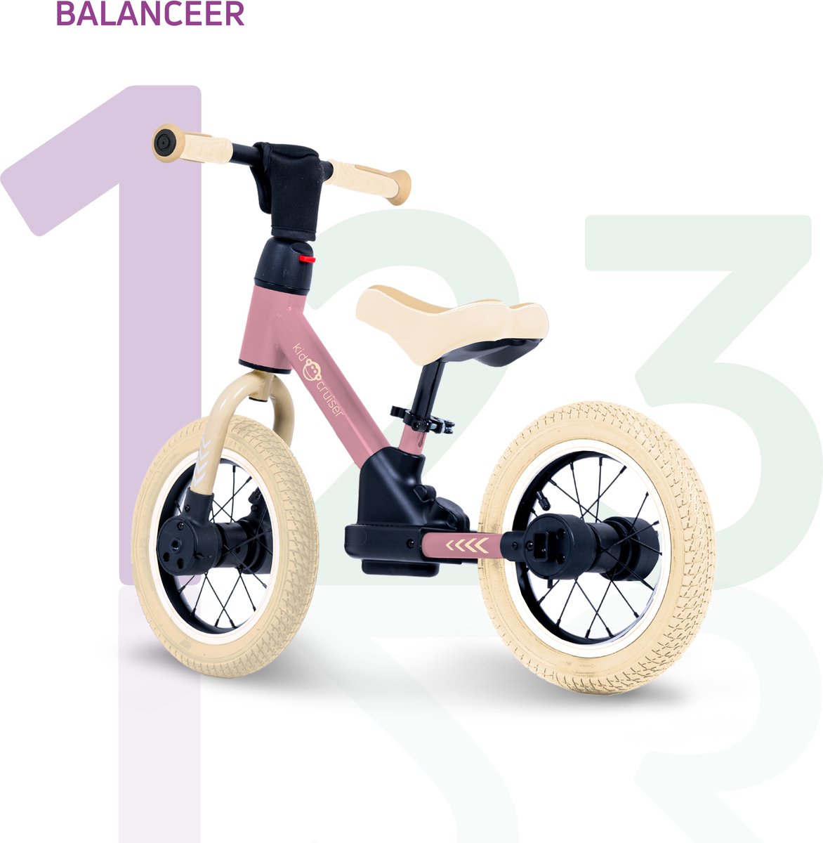 Kidcruiser Loopfiets 2+ jaar - Optioneel met LED Zijwieltjes & Trappers - 3-in-1 Kinderfiets - 12 inch – Roze & Creme wit – Modulair Design — afbeelding 4