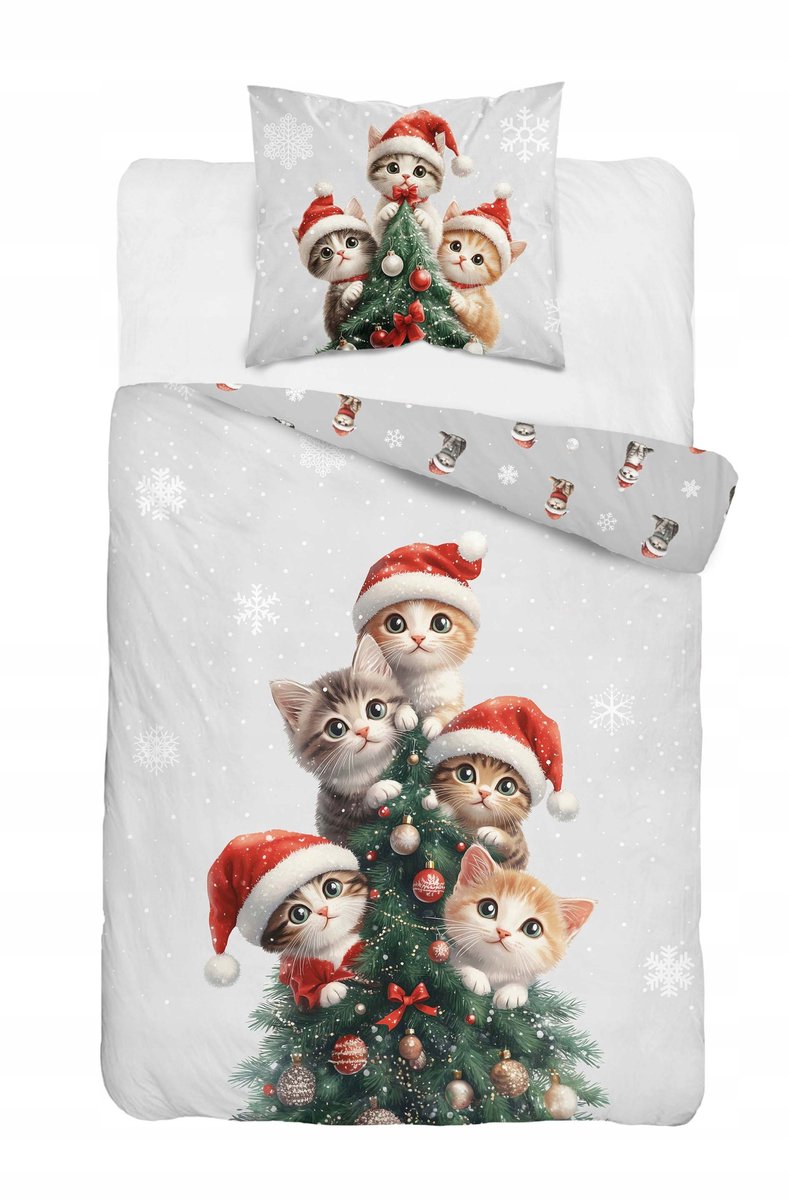 Kerst Dekbedovertrek Kinderen 140x200 Katten & Kerstman - Katoen