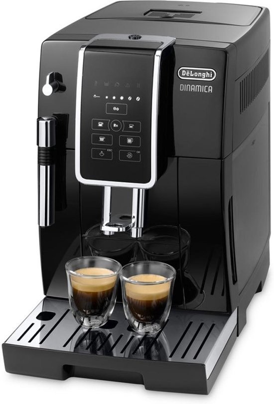 Zwarte De'Longhi Dinamica volautomatische espressomachine met twee glazen espresso.