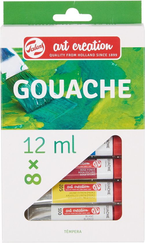Doos met 8 tubes "Art Creation Gouache" van 12 ml, met afbeelding van een kwast in groene verf.