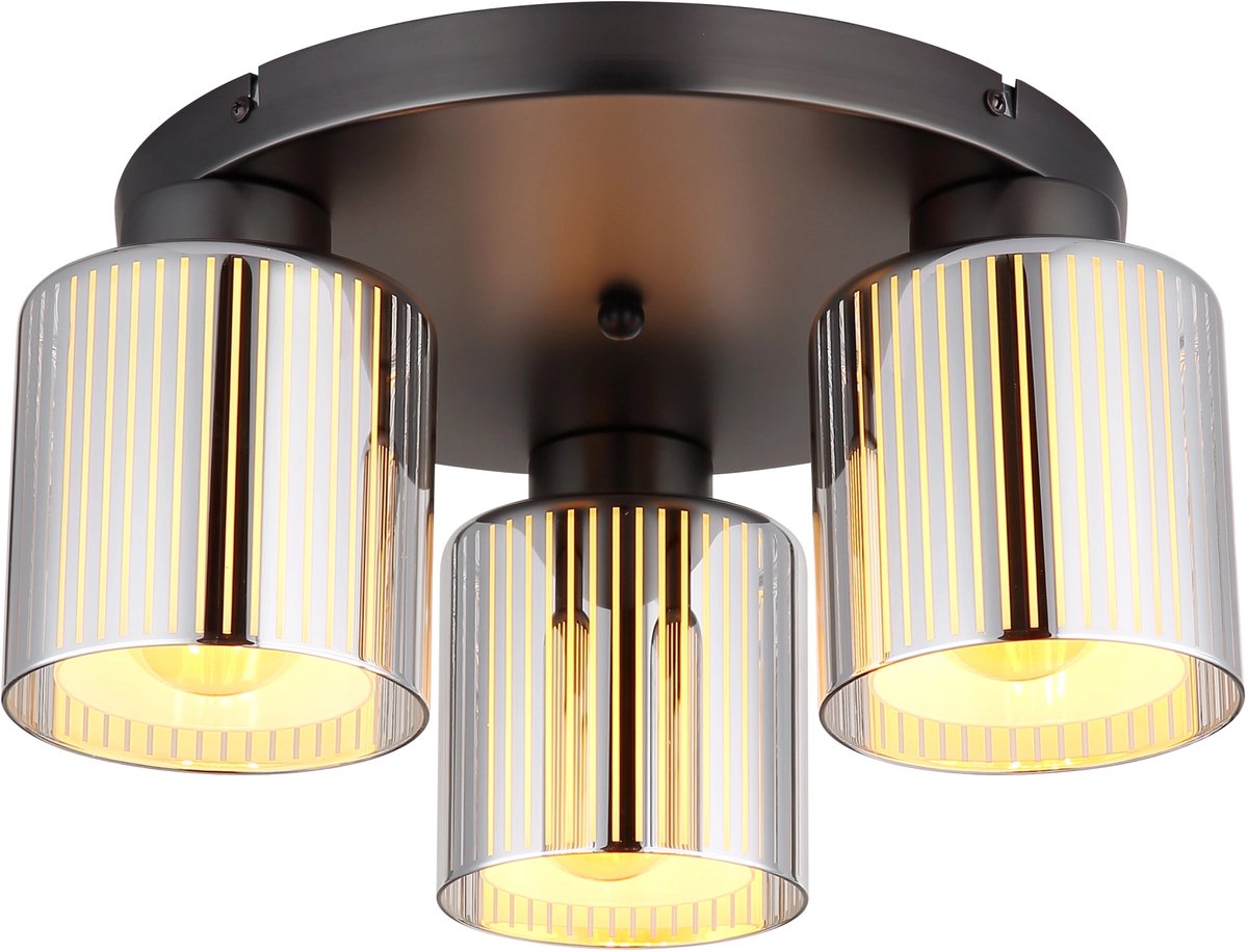 Globo Plafondlamp 3 vlammen woonkamerlamp glas verchroomd plafondlamp slaapkamerlamp, 3x E27 fitting, DxH 34,5 x 17,5 cm Grijs