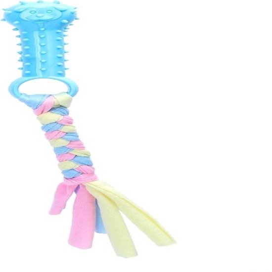 Blauw hondenspeeltje met nopjes, ring en gekleurde stoffen vlecht.