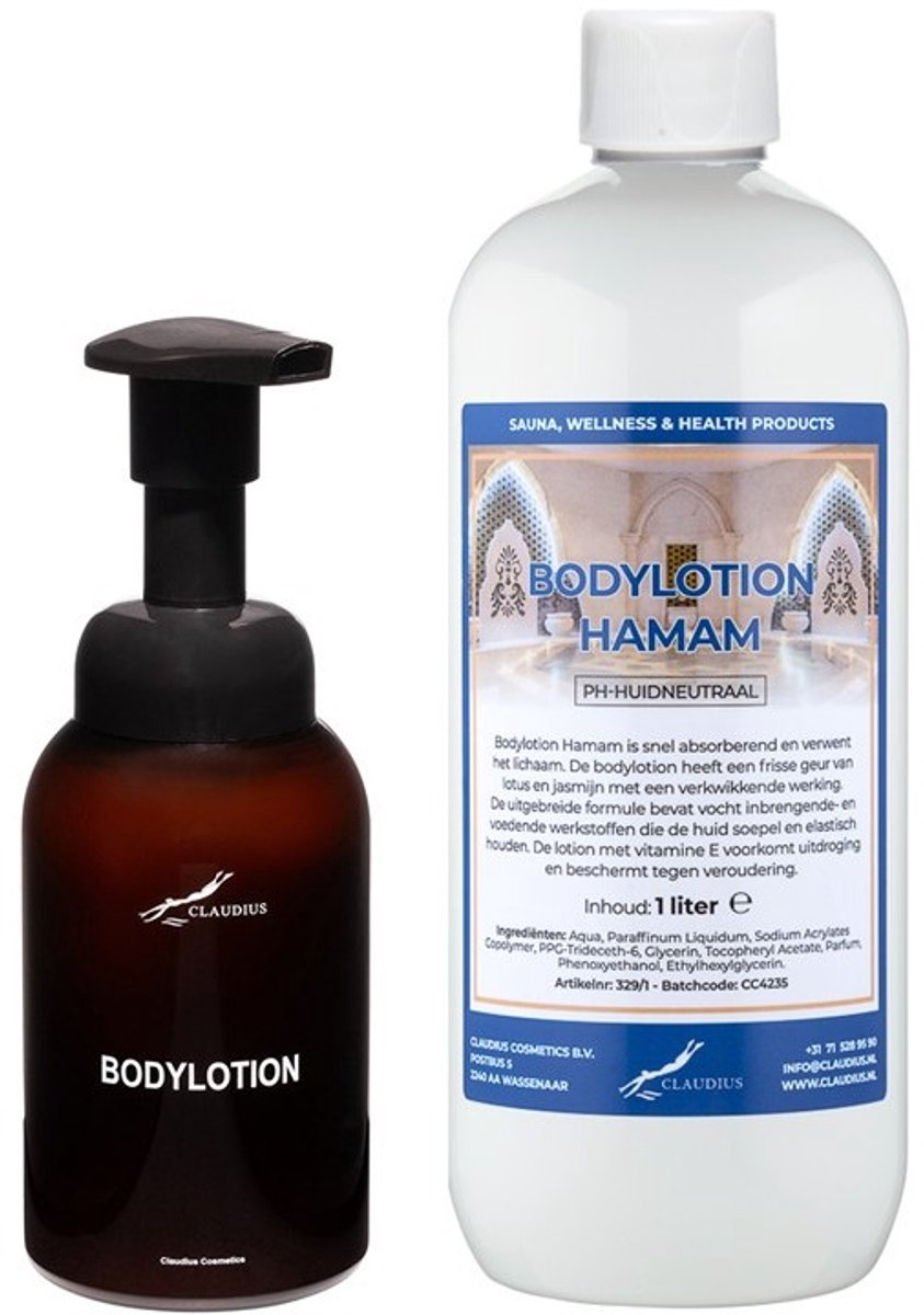 Zeepdispenser 300 ml amber bruin hervulbaar + 1 liter Bodylotion Hamam navulling