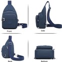 Donkerblauwe sling bag, voorkant, zijkant, achterkant en onderkant.
