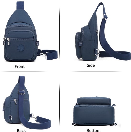 Donkerblauwe sling bag, voorkant, zijkant, achterkant en onderkant.
