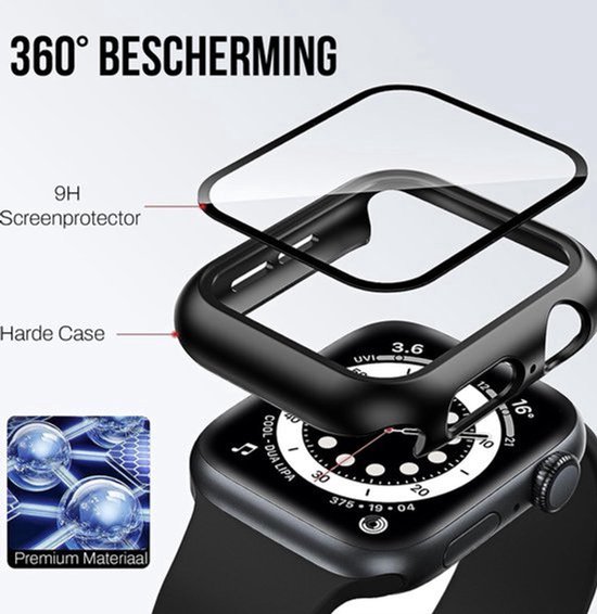 Explosietekening van een zwarte smartwatch case met een 9H screenprotector. "360° bescherming" en "Premium materiaal" zijn leesbaar.
