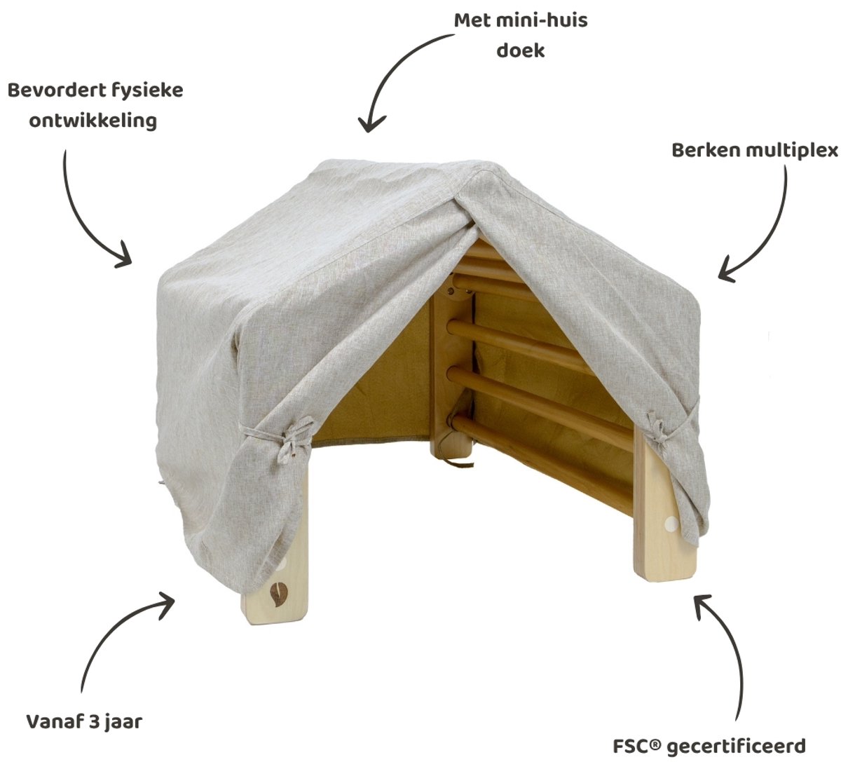 Babiem® Ben - Klimrek - met Mini-Huisje Doek - Houten Speelgoed - Klimrek Kinderen - Bevordert Fysieke Ontwikkeling - Vanaf 3 Jaar - Montessori Speelgoed - FSC — afbeelding 3
