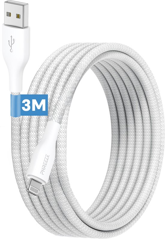 Stevige kabel geschikt voor iPhone met Lightning naar usb - Oplader snoer - 3m nylon wit