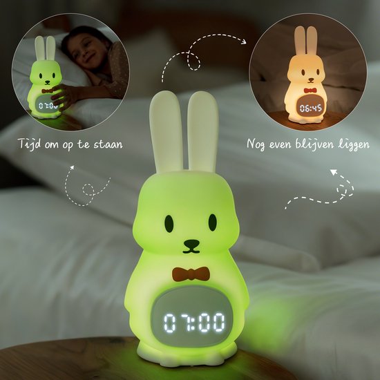 Lopoleis® Slaaptrainer - Slaapwekker Baby - Nachtlamp functie met Wekker - Kinderwekker - Tuxedo Rabbit - Inclusief App van Lopoleis — afbeelding 2