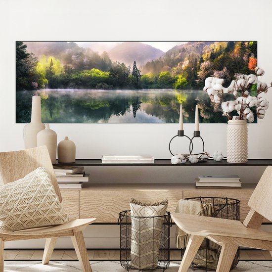 Canvas schilderij 150x50 cm - Wanddecoratie Natuur - Bomen - Bergen - Meer - Water - Muurdecoratie woonkamer - Slaapkamer decoratie - Kamer accessoires - Schilderijen op canvas
