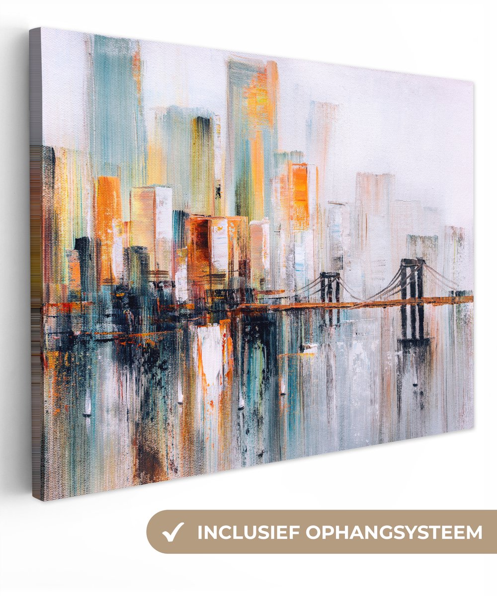 Canvas - Olieverf - Schilderij - Abstract - Skyline - Brug - 80x60 cm - Woondecoratie - Wanddecoratie
