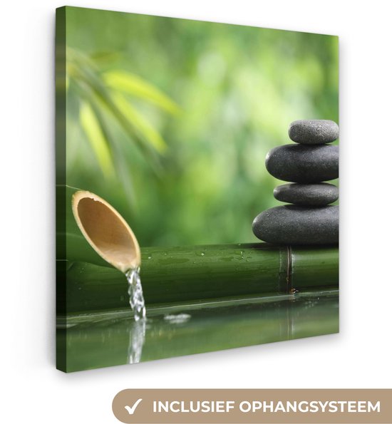 Canvas schilderij 20x20 cm - Wanddecoratie badkamer Zen - Stenen - Groen - Natuur - Bamboe - Muurdecoratie WC - Decoratieve accessoires - Toilet muur decoratie - Schilderijen op canvas