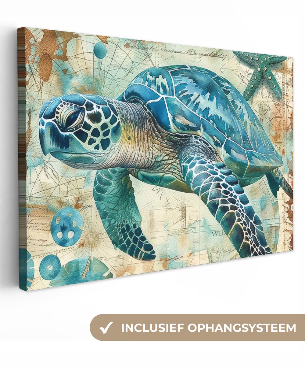 Canvas schilderij 30x20 cm - Wanddecoratie badkamer Vintage - Schildpad - Zeedieren - Wate