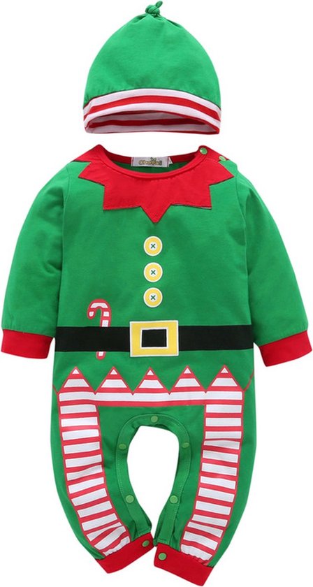 Combinaison de Noël Bébé | Onesie | Tenue – Déguisement d'elfe de Noël avec chapeau – Costumes de Noël doux Bébé – Taille 70 – 9 à 12 mois