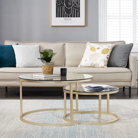 Set van 2 Ronde Salontafels – Ø60 & Ø40 cm – Gehard Glas met Gouden ...