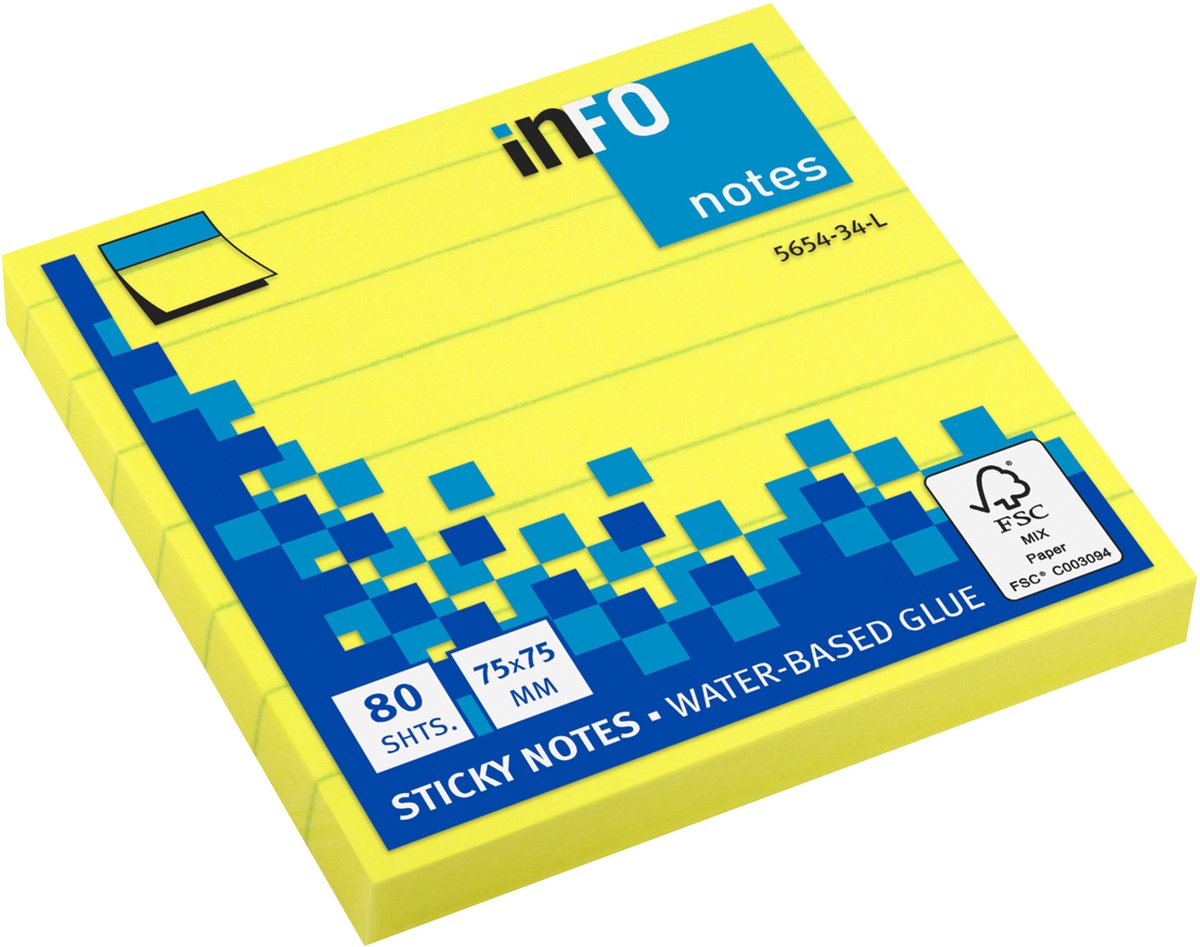 Info sticky notes - Brilliant - 80 vel - 75x75mm - Notes 75x75mm - gelinieerd - geel - IN-5654-34-L