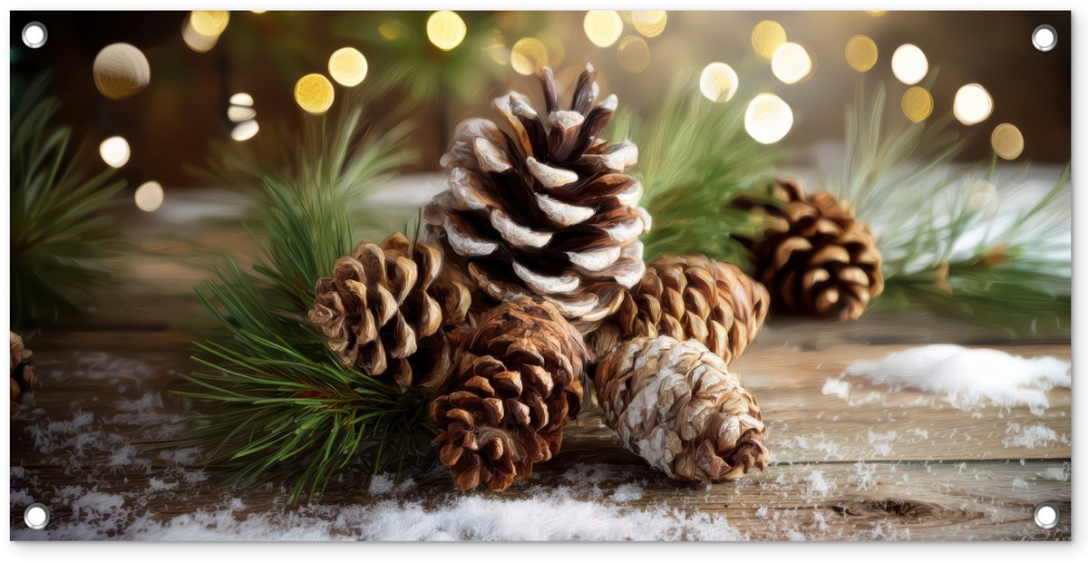 Tuinposter met dennenappels in kerstsfeer - Bruin en groen.
