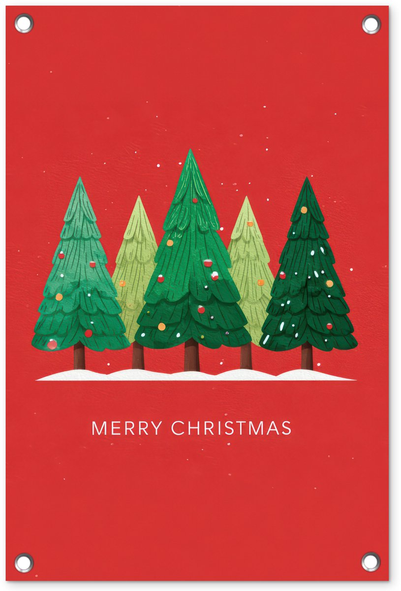 Tuinposter met minimalistisch design van rode kerstbomen en sneeuw, geschikt als buiten decoratie.