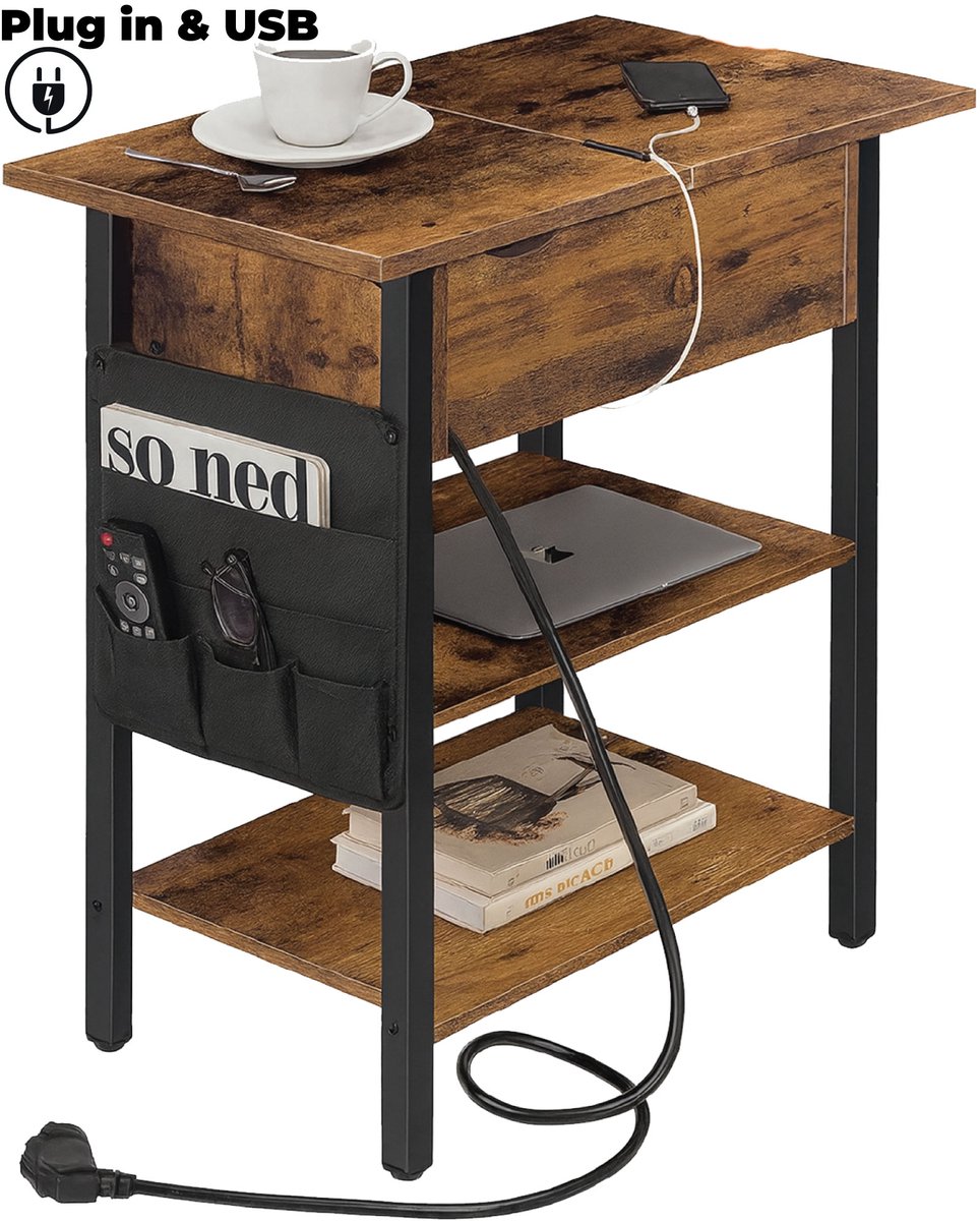 Bijzettafel met Stopcontact & USB – Industrieel Hout – Side Table / Nachtkastje met Oplaadstation – 60×40×45 cm – IN.HOMEXL Venlo Brown