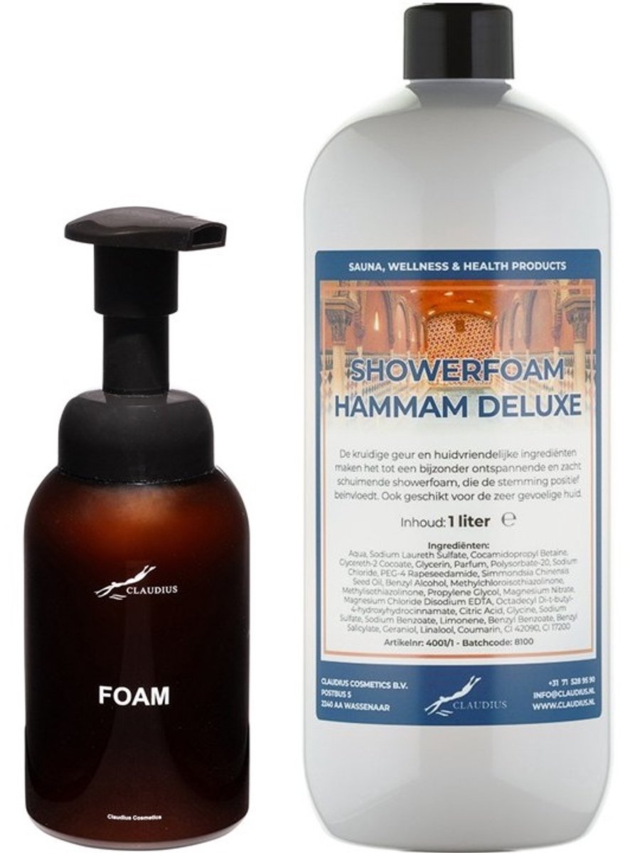 Foam Zeepdispenser 300 ml amber bruin hervulbaar + 1 liter Foam Hammam Deluxe navulling