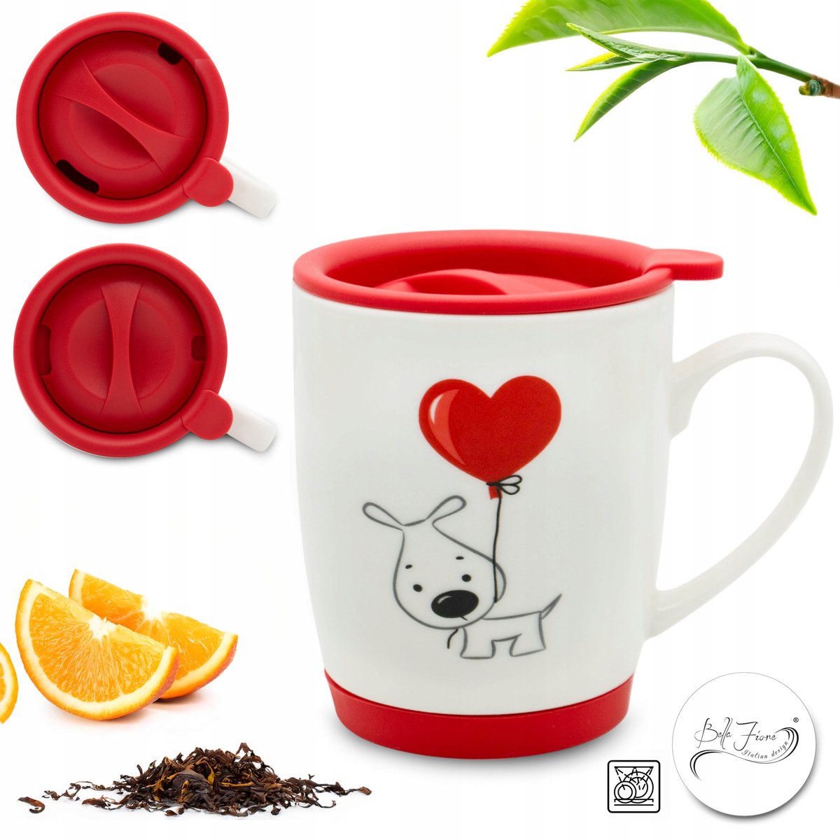 Bella Fiore Porseleinen Mok met Deksel - 350 ml - Hondje/Hartje