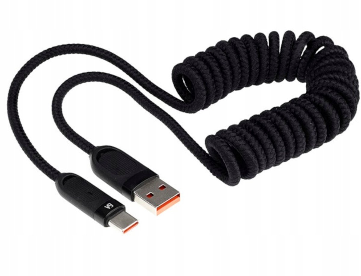 Spiraalkabel USB naar USB-C 100W 1.8m Zwart - Snel Laden & Data