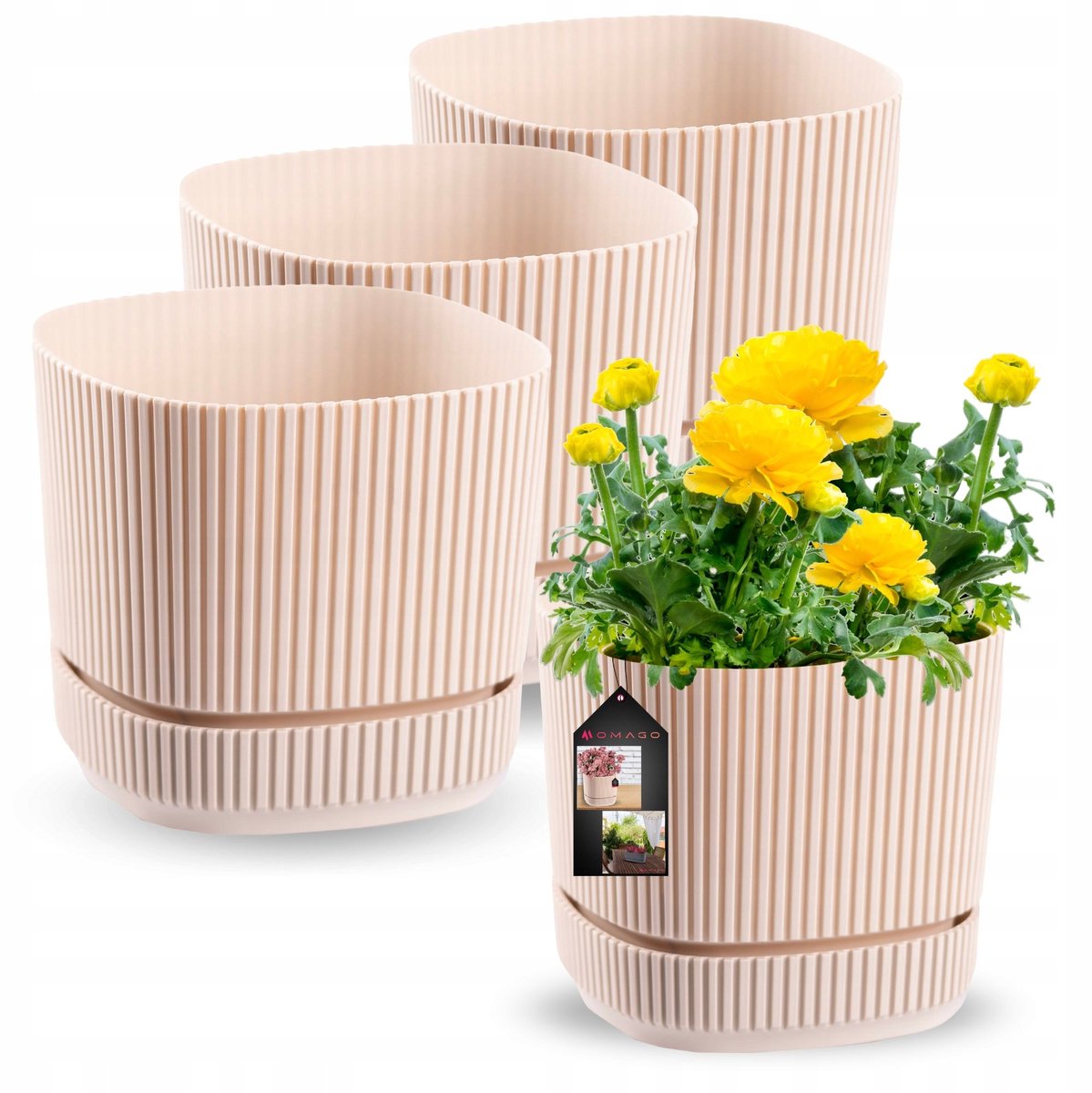 3x Moderne Beige Ovale Bloempotten met Schotels voor Balkon & Vensterbank
