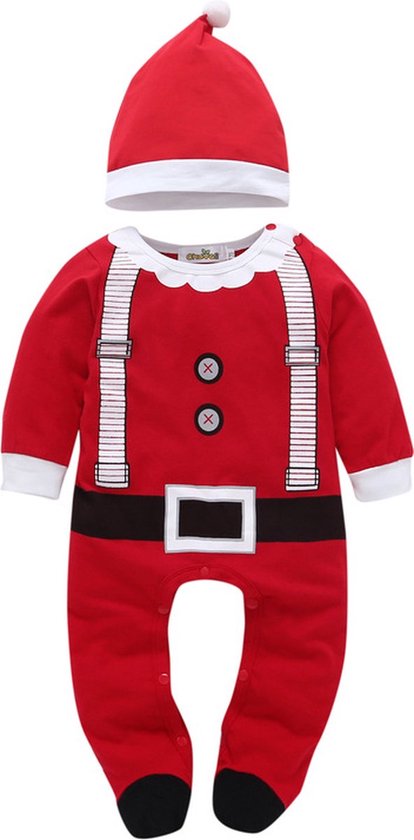 Rode Kerstman romper met witte bandjes, zwarte riem en muts met pompon. Witte boorden.