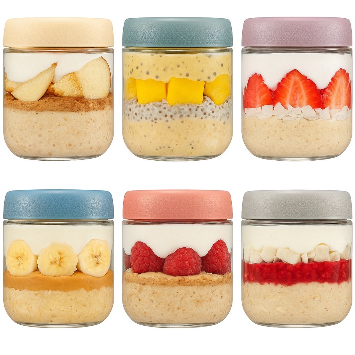 Dutchers.® Potjes van Glas - 6 Stuks - 300ml - Voorraadpotten - Glazen Potjes met Deksel - Overnight Oats - Muesli Beker - Hygiënisch - Lunchpot - Yoghurtbeker - Overnight Oats Beker - Sterk Sluitsysteem - Ontbijt & Lunch - Luchtdicht - Multicolor