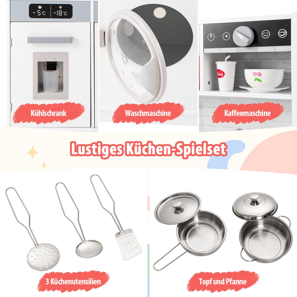 COSTWAY Houten kinderkeuken met wasmachine, gootsteen, waterdispenser, magnetron, oven, gebruiksvoorwerpen, speelkeuken met licht en geluid, voor kinderen vanaf 3 jaar — afbeelding 2