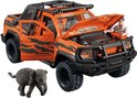 Oranje speelgoed pick-up truck met tijgerstrepen, open motorkap, manfiguur en een olifant.