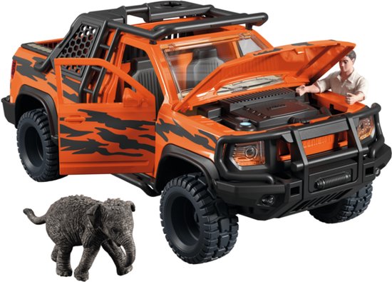 Oranje speelgoed pick-up truck met tijgerstrepen, open motorkap, manfiguur en een olifant.