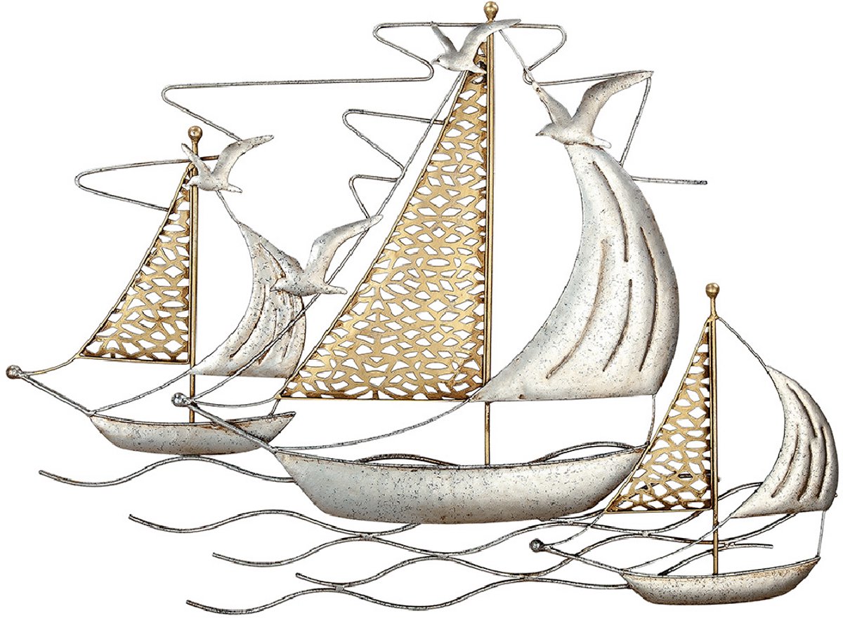 Muurdecoratie zeilboten goud zilver - metaal - 2x71x52 cm schilderij