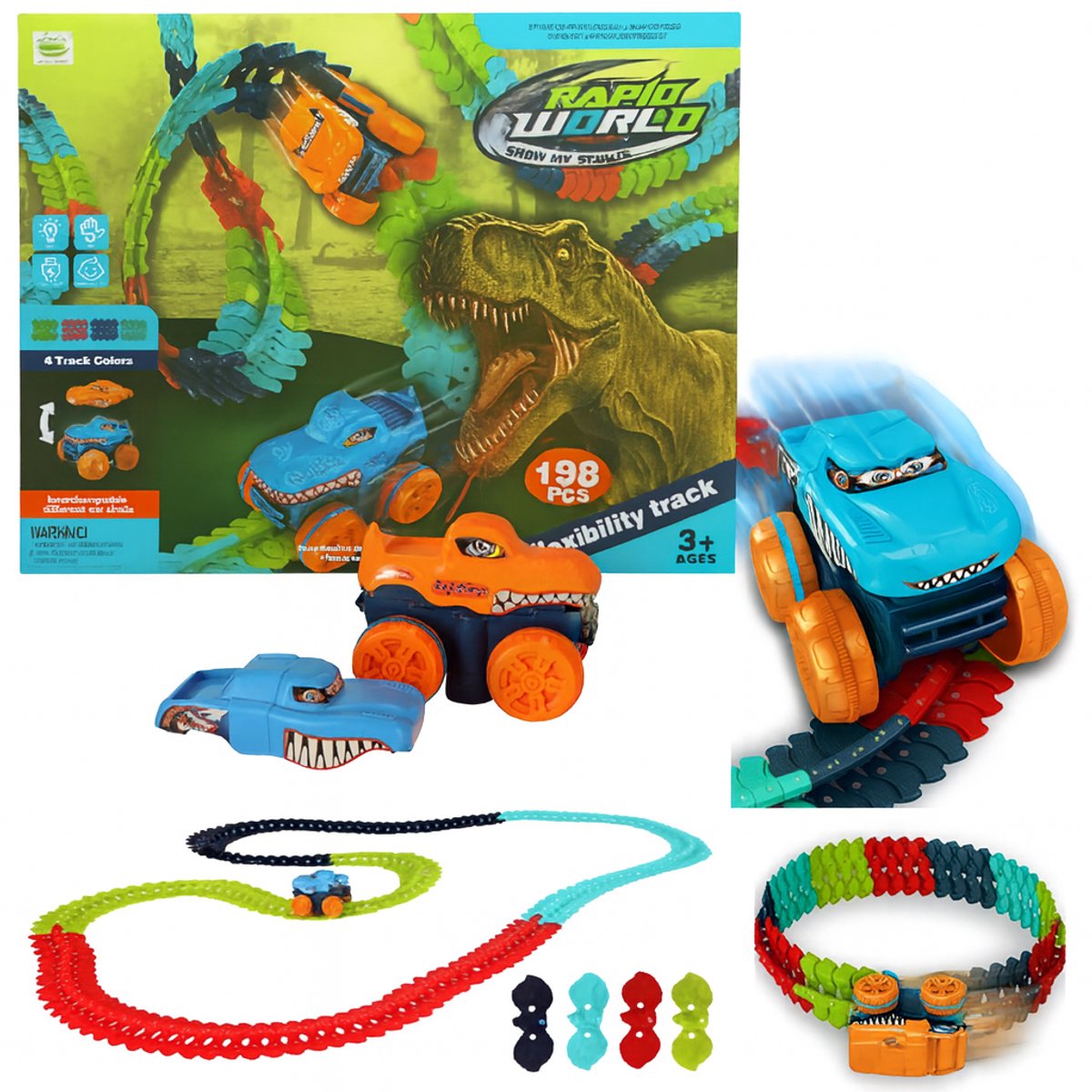 Verwisselbare Changeable Track 198 Delige Spectaculaire Flexibele Autobaan met Auto met LED Verlichting en Verwisselbare Carrosserie Cadeau voor Jongens Meisjes
