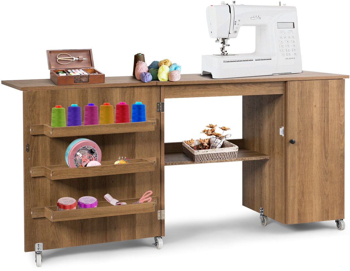 Costway Opvouwbare naaitafel, veelzijdig inklapbare blad knutseltafel met breed werkblad & opbergplanken & deurkast, rolbaar computer bureau met afsluitbare wielen, ideaal voor woonkamer, slaapkamer & studie (Bruin)