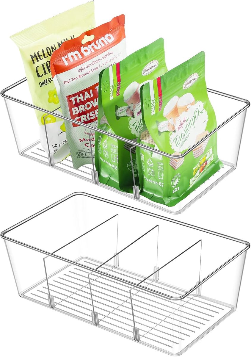 2 stuks transparante koelkastorganizer, stapelbare containers voor koelkast, met 8 vakken, organizer voor koelkast, koelkast, dispenser, badkamerkasten