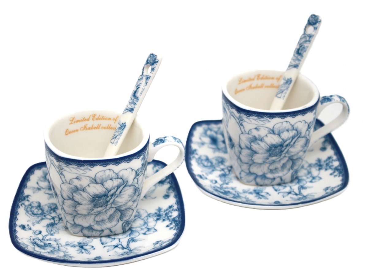 Queen Isabell - 2x Espressokopjes 80ml met Schotel & Lepel - Rozenmotief