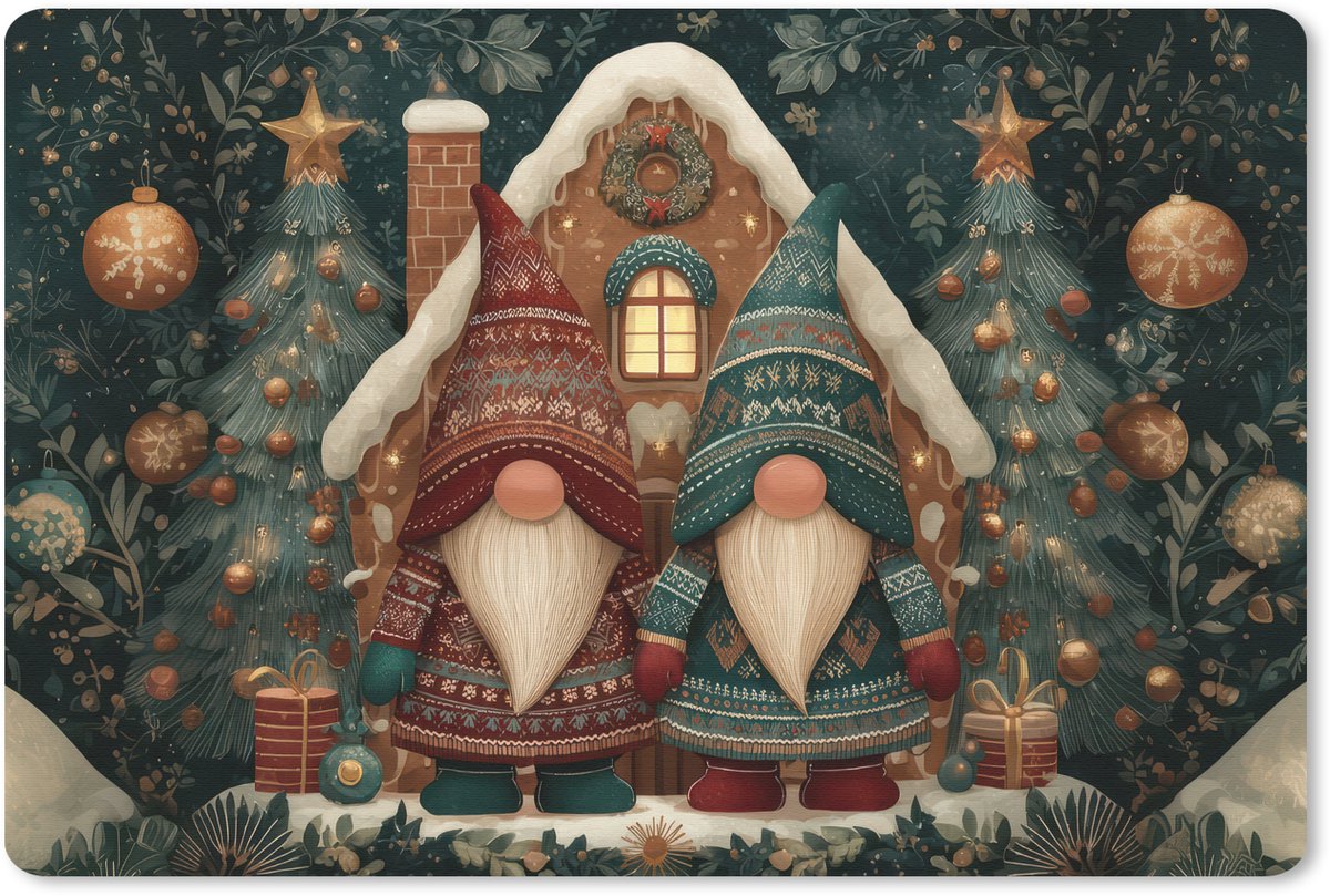 Muismat 27x18 cm - Mousepad Kerst - Gnomen - Peperkoekhuisje - Rood - Groen - Muismatten