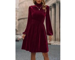 Fluwelen jurk voor dames, korte, elegante satijnen cocktailjurk met lange mouwen, A-lijn formele jurk Bordeaux L