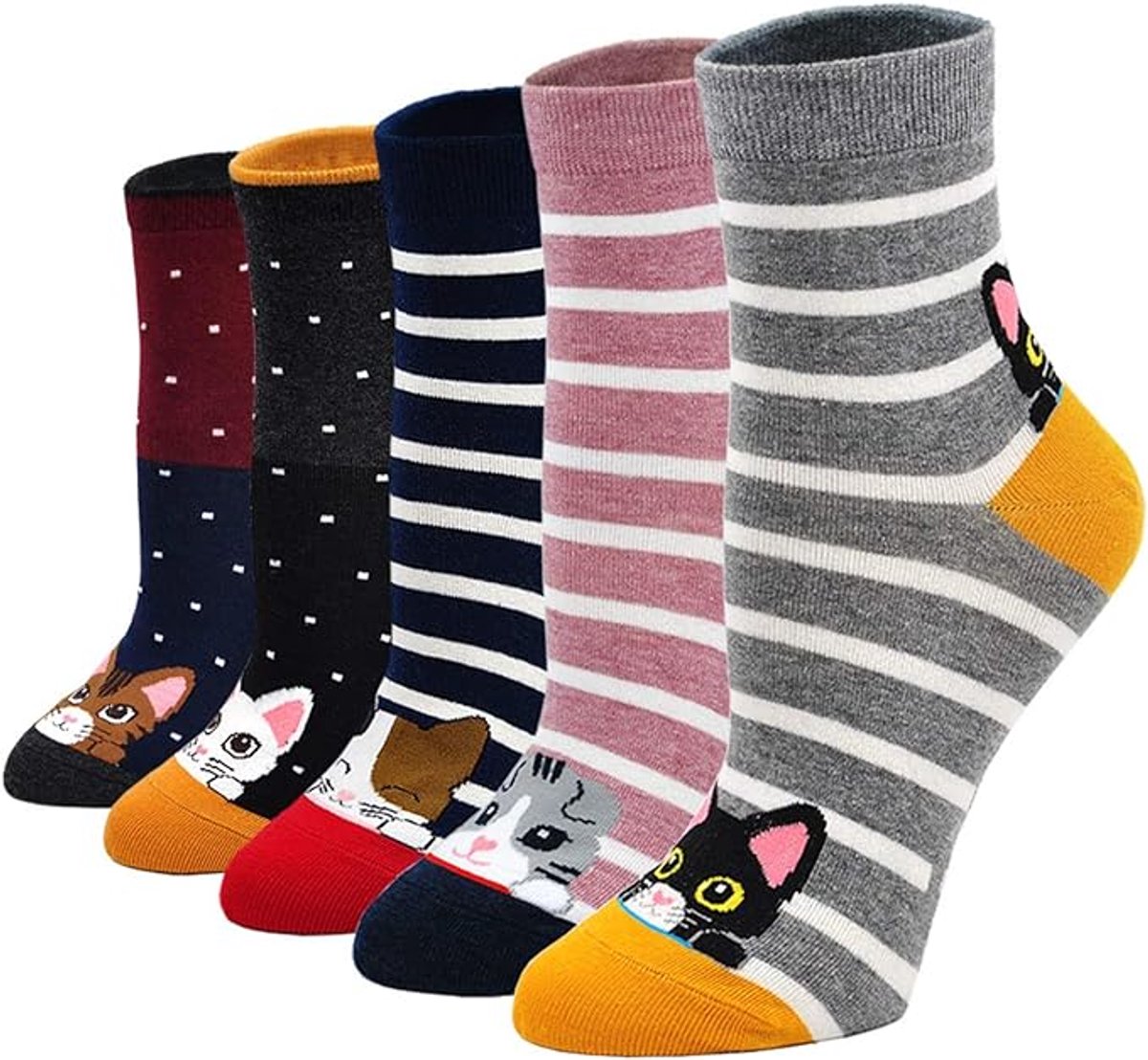 Fashion Casual katoenen sokken, Damessokken met dierenprint voor honden en katten in schattig zacht katoen voor meisjes, EU 35-40, 5 paar, Kleurrijke sokken met schattige kat - Cyslmuk®