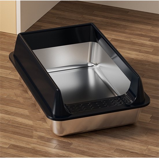 RVS Kattenbak - Extra Grote Roestvrijstalen Kattenbak – Halfgesloten XL Kattenbak – 60x40x30cm – Zwart – Kattentoilet - Met Kattenbakschep