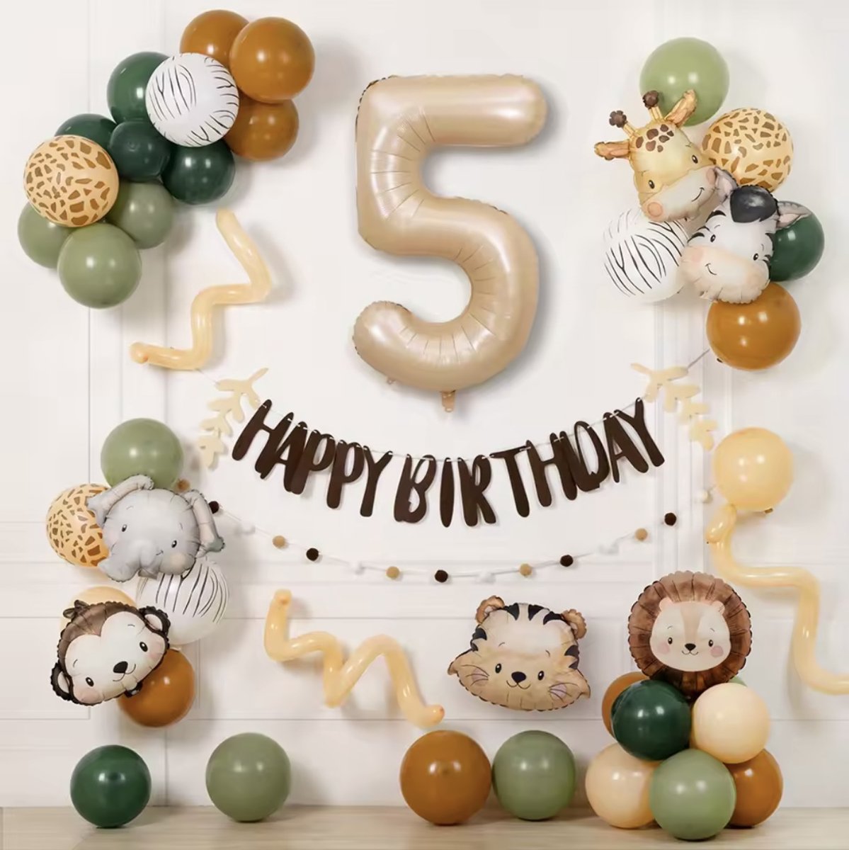 Jungle Verjaardagsdecoratie Set – 55-delige Ballonnen Set met Dieren Thema – Happy Birthday Slinger, Giraffe & Leeuw Ballonnen – 5 Jaar Feestversiering – Kinderfeest Jungle Thema – Groen, Bruin & Goud