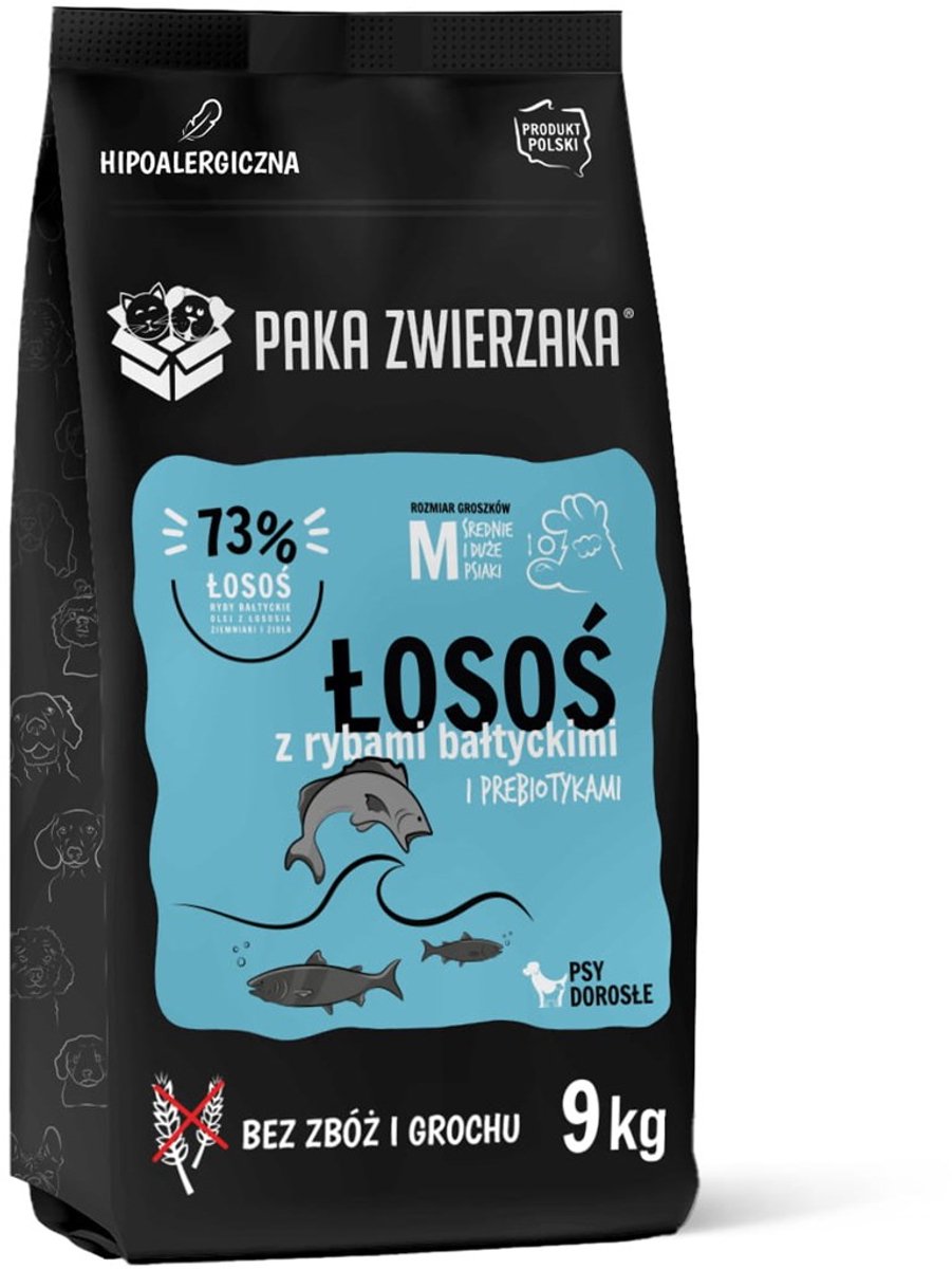 PAKA ZWIERZAKA - Droogvoer voor Honden - Zalm & Baltische Vis - Brokken M - Graanvrij - Ondersteunt Huid & Vacht - 9 kg