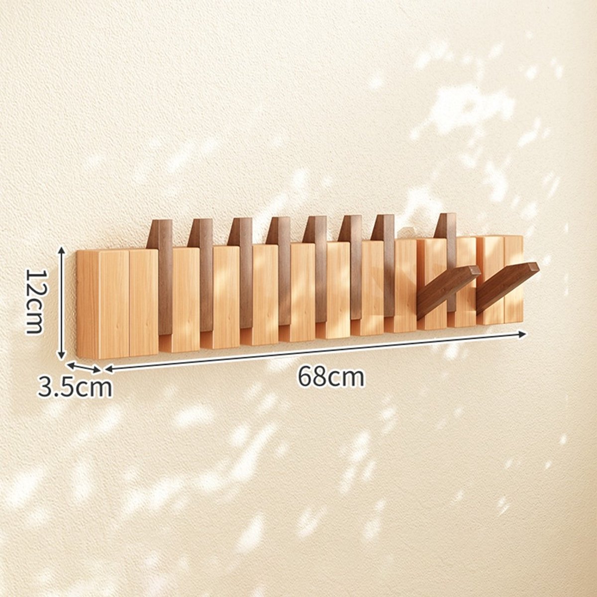 Telestore - Piano kapstok - Stijlvolle Wandkapstok met Inklapbare Haken – Ruimtebesparend & Elegant - 10 haken - Walnoot / licht eiken hout