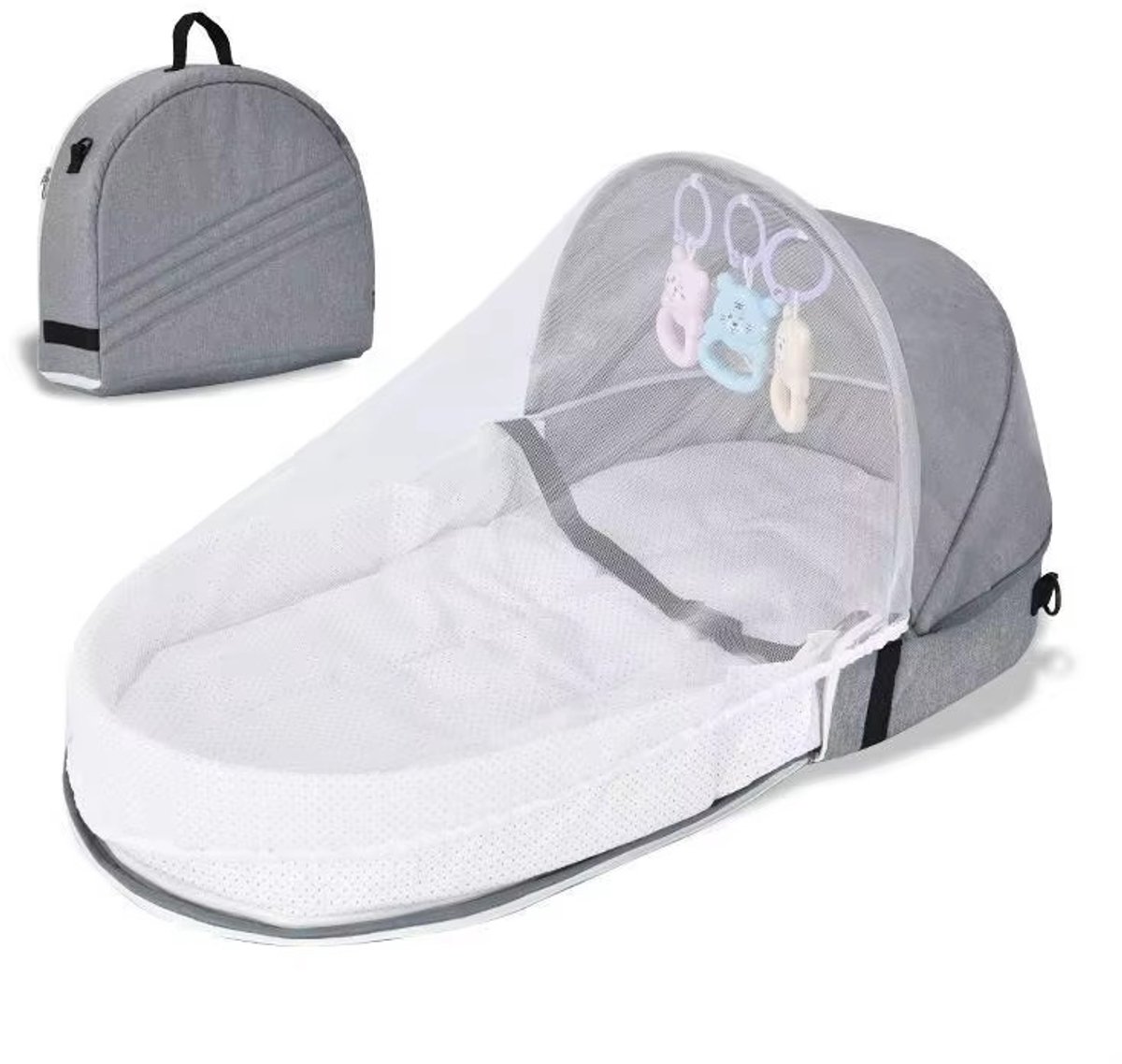 Opvouwbaar Draagbaar Babybed Babynest - met Afneembare Klamboe en Hangspeeltjes – Grijs - Draagtas - Ideaal voor Gemakkelijk Reizen -