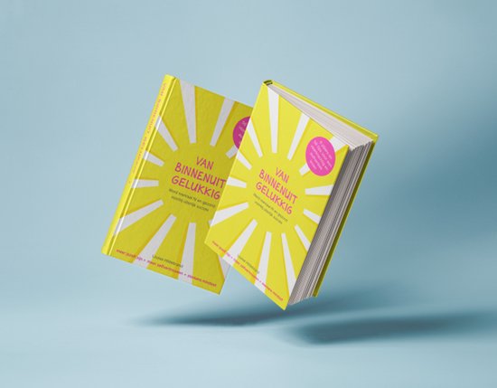 Twee gele boeken met de titel 'Van Binnenuit Gelukkig' in roze letters, tegen een blauwe achtergrond.